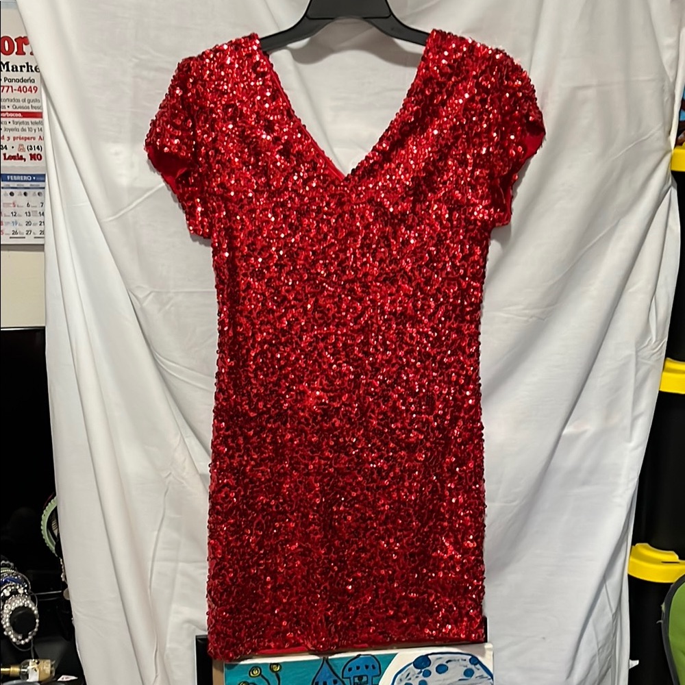 Bright Red Sequin V-Neck Mini Dress